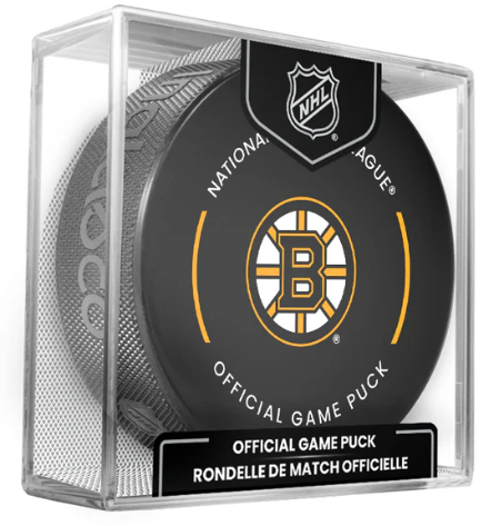 NHL Boston Bruins Club Officially Licensed Team Game Hockey Puck Design- In Cube