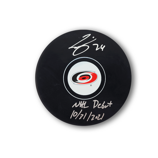 Seth Jarvis Autographed Carolina Hurricanes Hockey Puck Inscribed NHL Debut