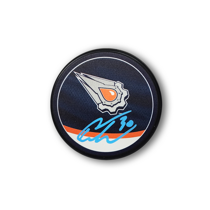 Calvin Pickard Autographed Edmonton Oilers Reverse Retro Hockey Puck