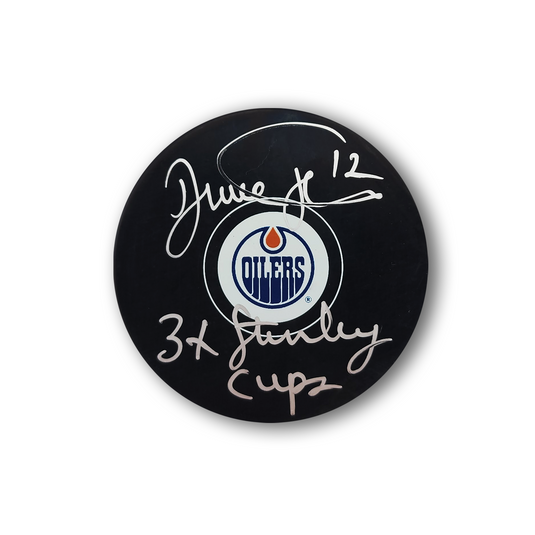 Dale Hunter Autographed Edmonton Oilers Hockey Puck 3x Cup