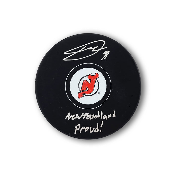 Dawson Mercer Autographed New Jersey Devils Hockey Puck Inscribed Newfoundland Proud