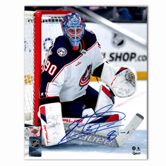 Elvis Merzlikins Autographed Columbus Blue Jackets Away Photo 8x10
