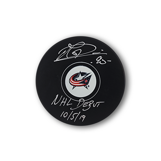 Elvis Merzlikins Autographed Columbus Blue Jackets Hockey Puck Inscribed Debut