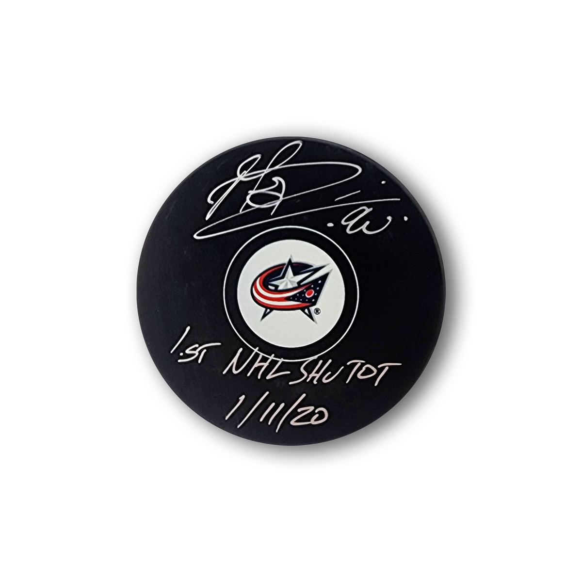 Elvis Merzlikins Autographed Columbus Blue Jackets Hockey Puck Inscribed Shutout