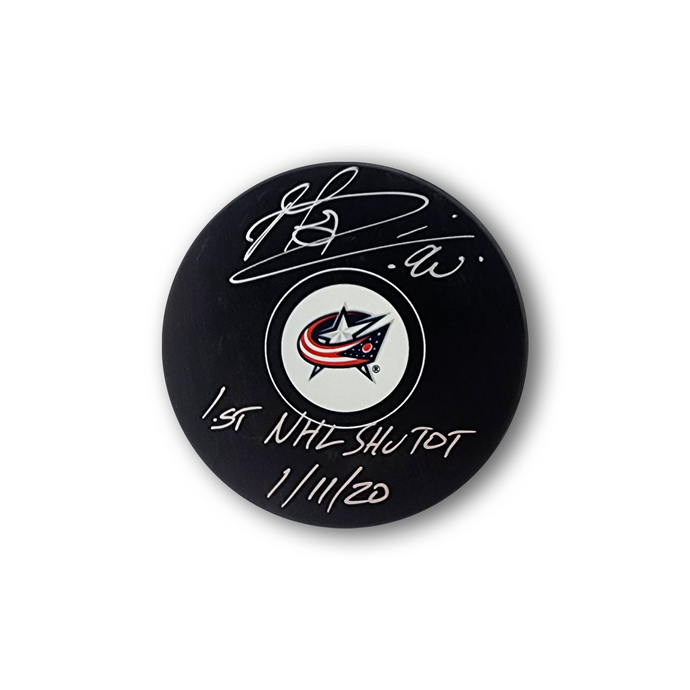 Elvis Merzlikins Autographed Columbus Blue Jackets Hockey Puck Inscribed Shutout