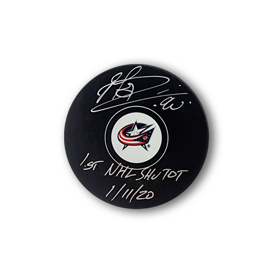 Elvis Merzlikins Autographed Columbus Blue Jackets Hockey Puck Inscribed Shutout
