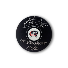 Elvis Merzlikins Autographed Columbus Blue Jackets Hockey Puck Inscribed Shutout