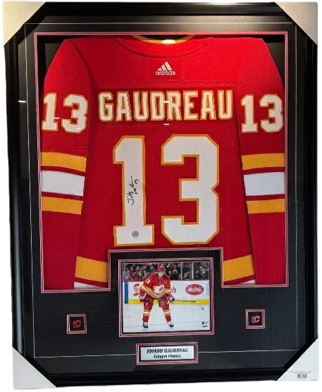 Framed Johnny Gaudreau Autographed Calgary Flames Red adidas Jersey