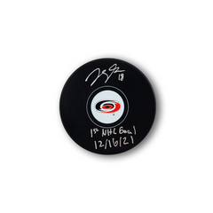 Jack Drury Autographed Carolina Hurricanes Hockey Puck Inscribed 1st NHL Goal