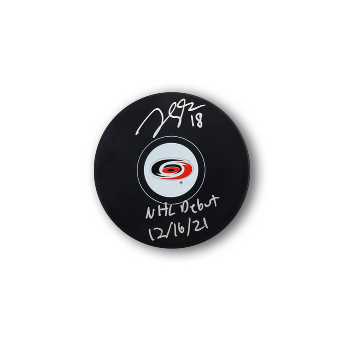 Jack Drury Autographed Carolina Hurricanes Hockey Puck Inscribed NHL Debut