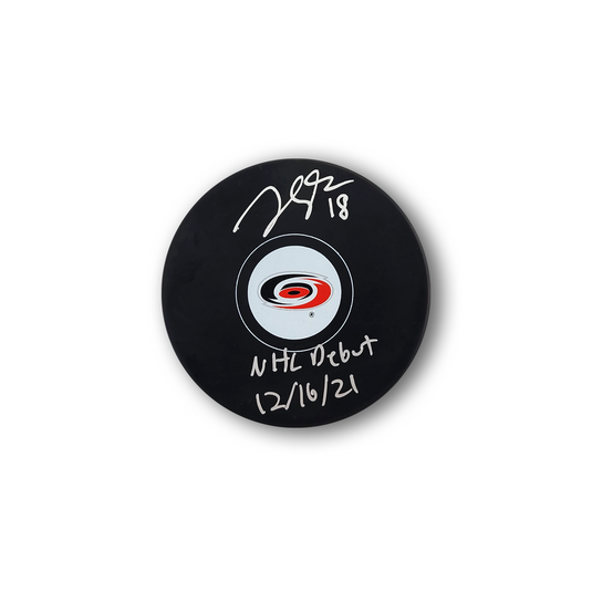 Jack Drury Autographed Carolina Hurricanes Hockey Puck Inscribed NHL Debut