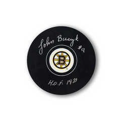Johnny Bucyk Autographed Boston Bruins Hockey Puck Inscribed HOF