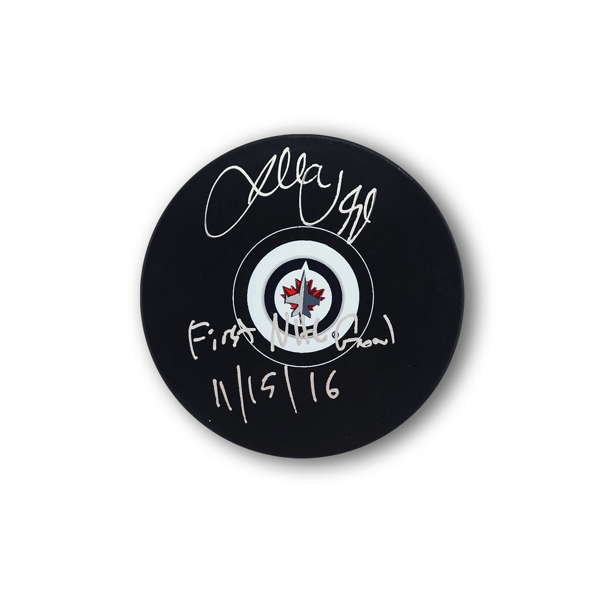 Josh Morrissey Autographed Winnipeg Jets Hockey Puck Inscribed 1st NHL Goal