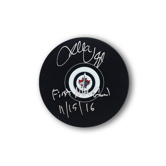 Josh Morrissey Autographed Winnipeg Jets Hockey Puck Inscribed 1st NHL Goal