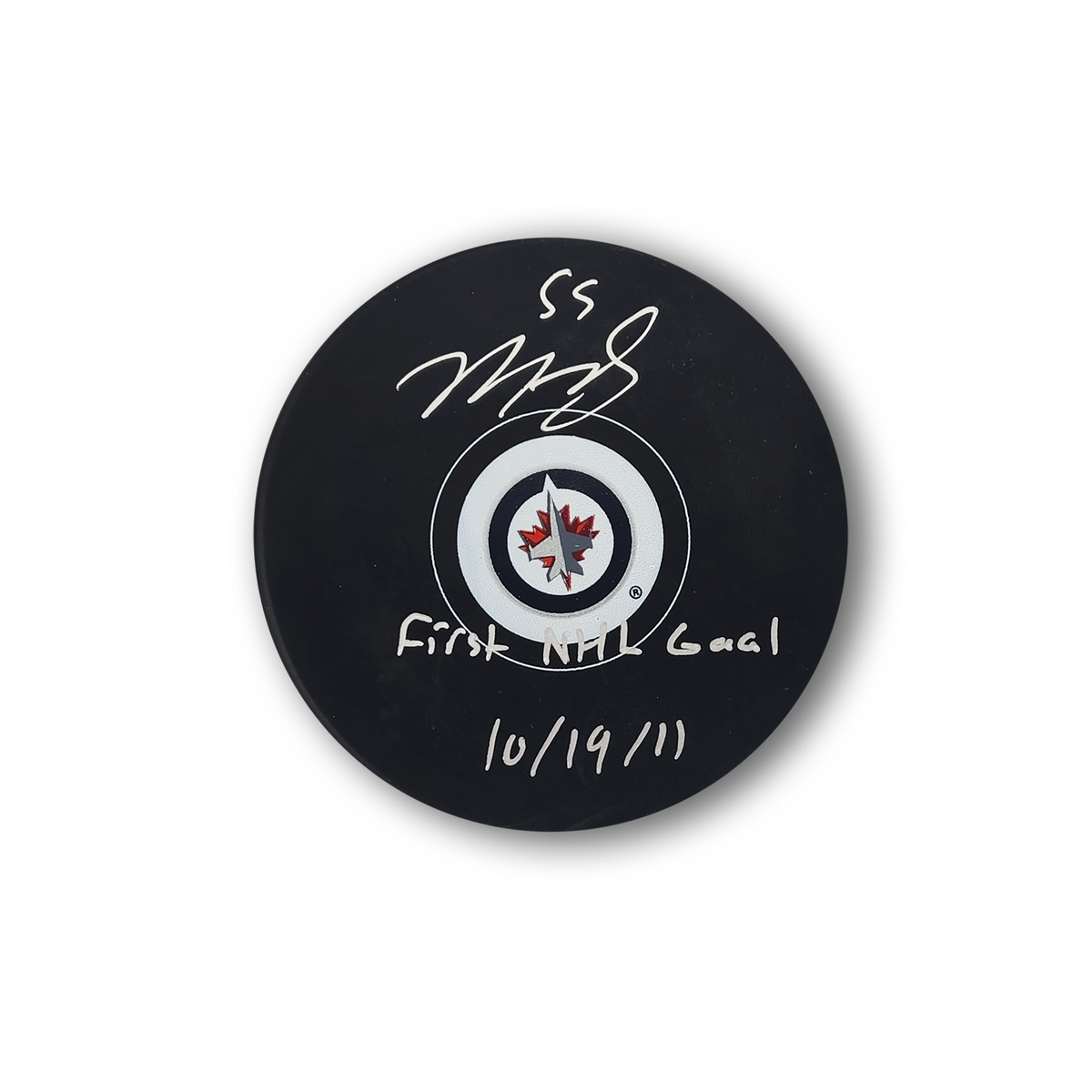 Mark Scheifele Autographed Winnipeg Jets Hockey Puck Inscribed 1st NHL Goal