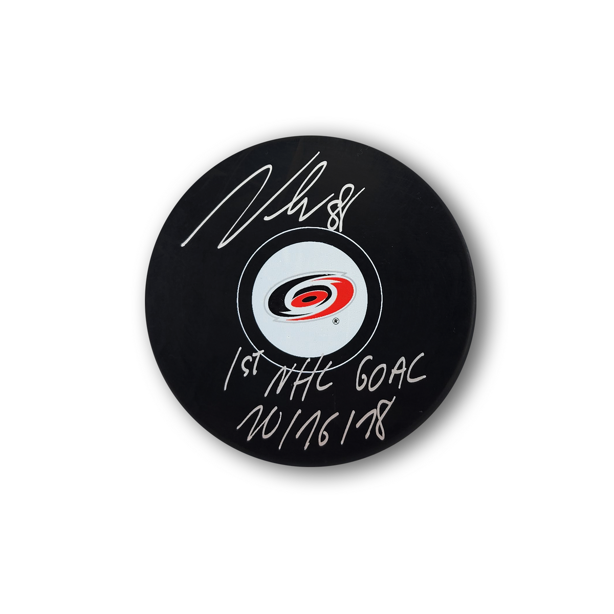 Martin Necas Autographed Carolina Hurricanes Hockey Puck Inscribed 1st Goal