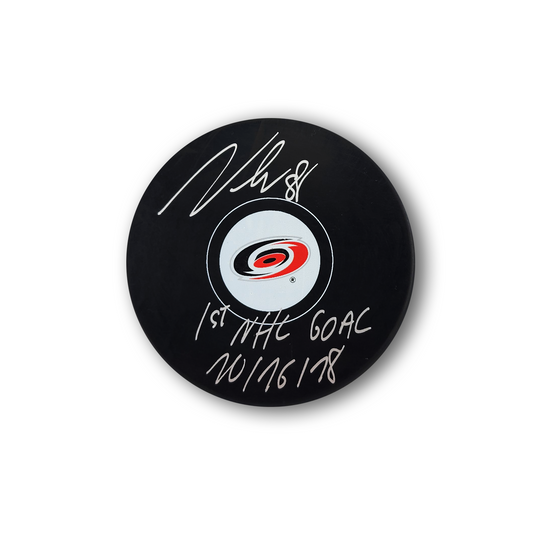 Martin Necas Autographed Carolina Hurricanes Hockey Puck Inscribed 1st Goal