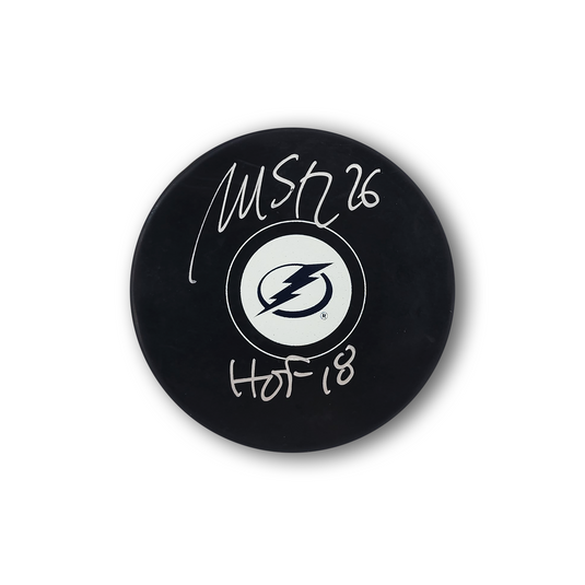 Martin St. Louis Autographed Tampa Bay Lightning Hockey Puck Inscribed HOF