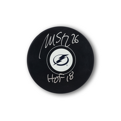 Martin St. Louis Autographed Tampa Bay Lightning Hockey Puck Inscribed HOF