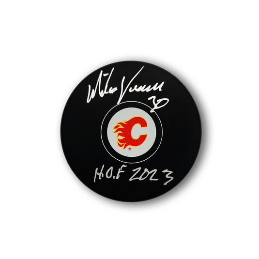 Mike Vernon Autographed Calgary Flames Hockey Puck Inscribed HOF 2023
