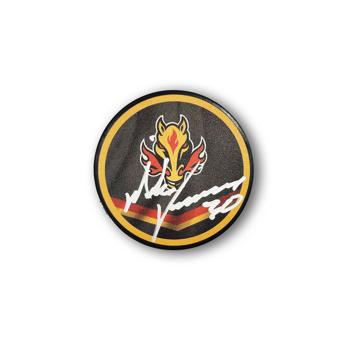 Mike Vernon Autographed Calgary Flames Reverse Retro Hockey Puck