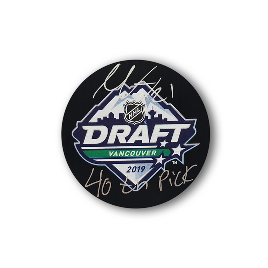 Nils Hoglander Autographed 2019 NHL Draft Hockey Puck Inscribed 40th Pick