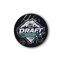 Nils Hoglander Autographed 2019 NHL Draft Hockey Puck Inscribed 40th Pick