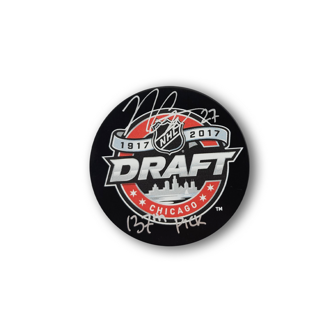 Noah Cates Autographed 2017 NHL Draft Hockey Puck Inscribed 137th Pick