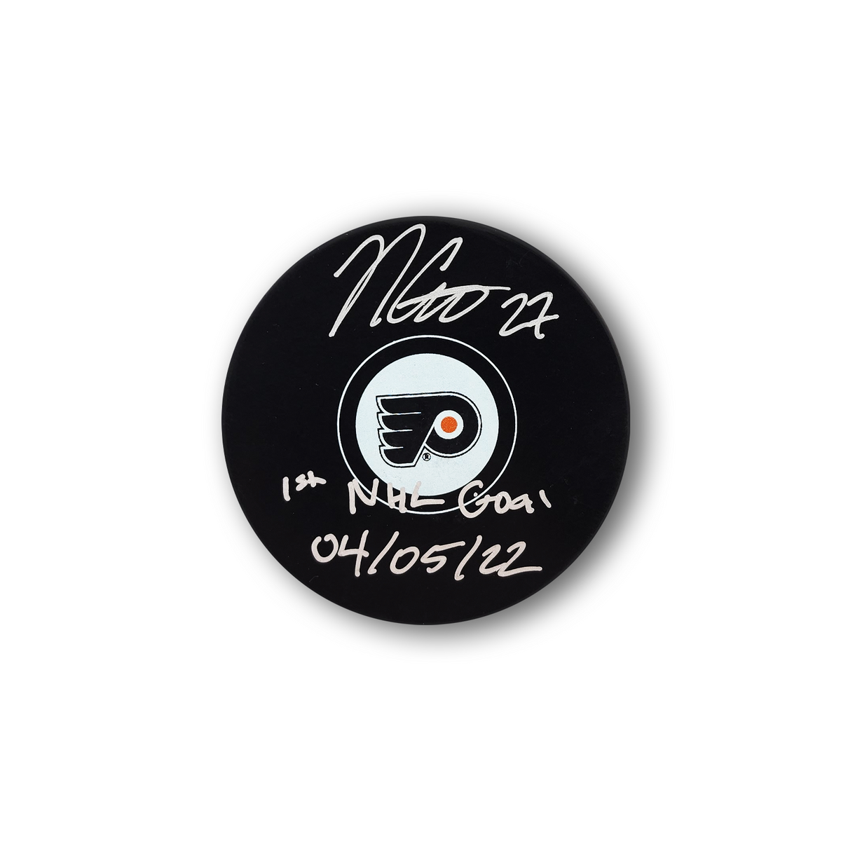 Noah Cates Autographed Philadelphia Flyers Hockey Puck Inscribed 1st NHL Goal