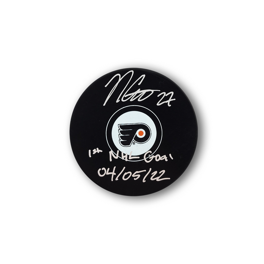 Noah Cates Autographed Philadelphia Flyers Hockey Puck Inscribed 1st NHL Goal
