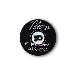 Noah Cates Autographed Philadelphia Flyers Hockey Puck Inscribed 1st NHL Goal