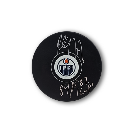 Paul Coffey Autographed Edmonton Oilers Hockey Puck Inscribed 84/85/87 Cups