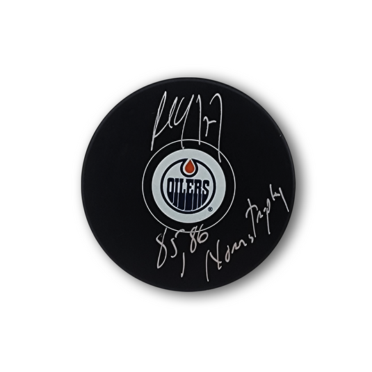 Paul Coffey Autographed Edmonton Oilers Hockey Puck Inscribed 85/86 Norris Trophy