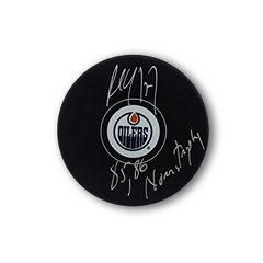 Paul Coffey Autographed Edmonton Oilers Hockey Puck Inscribed 85/86 Norris Trophy