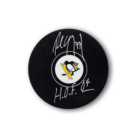 Paul Coffey Autographed Detroit Pittsburgh Penguins Hockey Puck Inscribed HOF