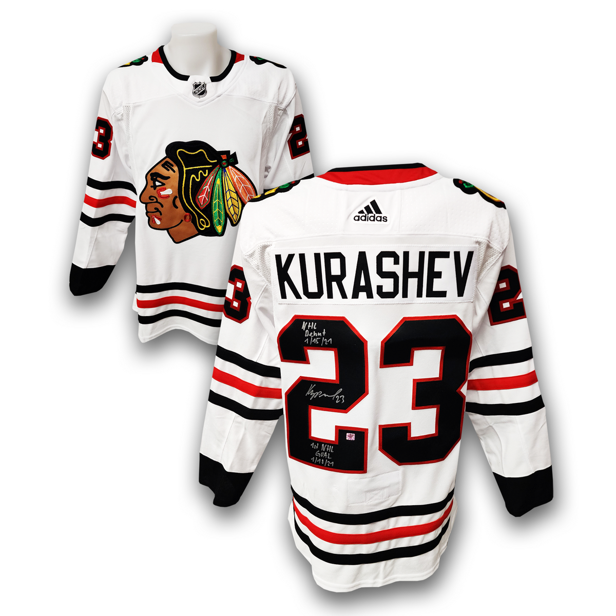 Philipp Kurashev Autographed Chicago Black Hawks Away Adidas Jersey Inscribed