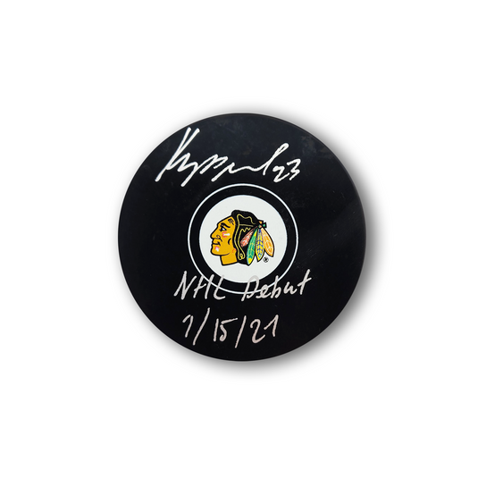 Philipp Kurashev Autographed Chicago Black Hawks Hockey Puck Inscribed NHL Debut