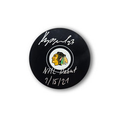 Philipp Kurashev Autographed Chicago Black Hawks Hockey Puck Inscribed NHL Debut