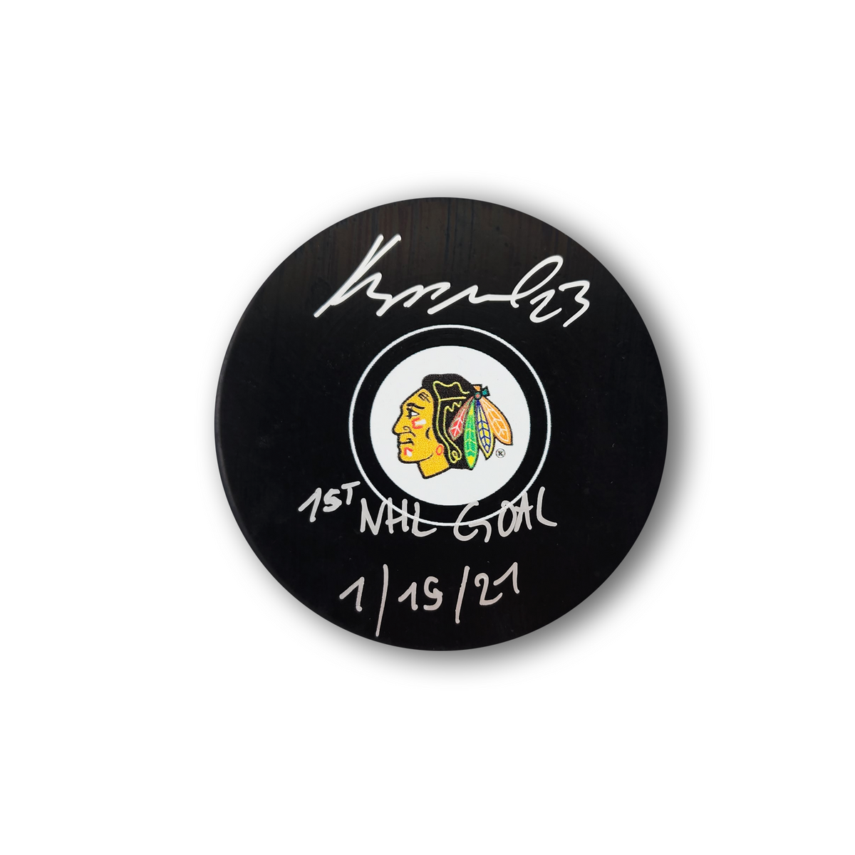 Philipp Kurashev Autographed Chicago Black Hawks Hockey Puck Inscribed 1st Goal