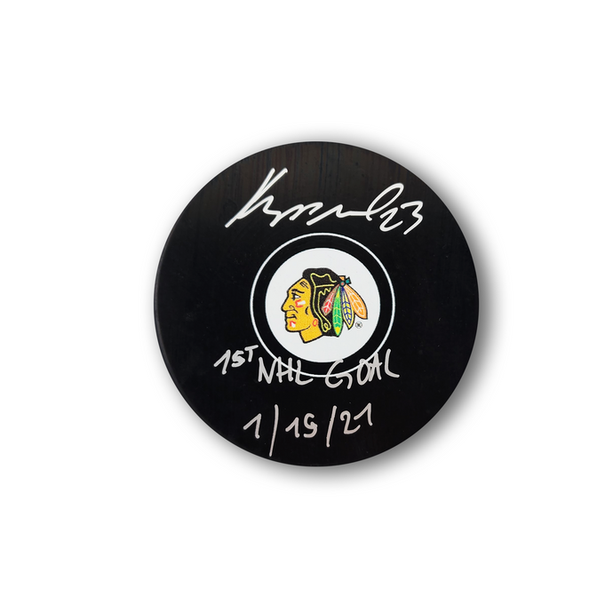 Philipp Kurashev Autographed Chicago Black Hawks Hockey Puck Inscribed 1st Goal