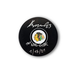 Philipp Kurashev Autographed Chicago Black Hawks Hockey Puck Inscribed 1st Goal