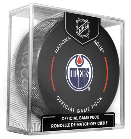 NHL Edmonton Oilers Officially Licensed 2024-25 Team Game Hockey Puck Design- In Cube
