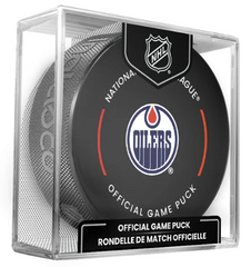 NHL Edmonton Oilers Officially Licensed 2024-25 Team Game Hockey Puck Design- In Cube
