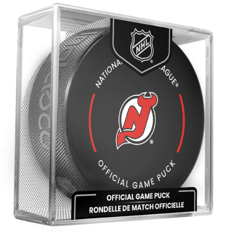 NHL New Jersey Devils Officially Licensed Team Game Hockey Puck Design- In Cube