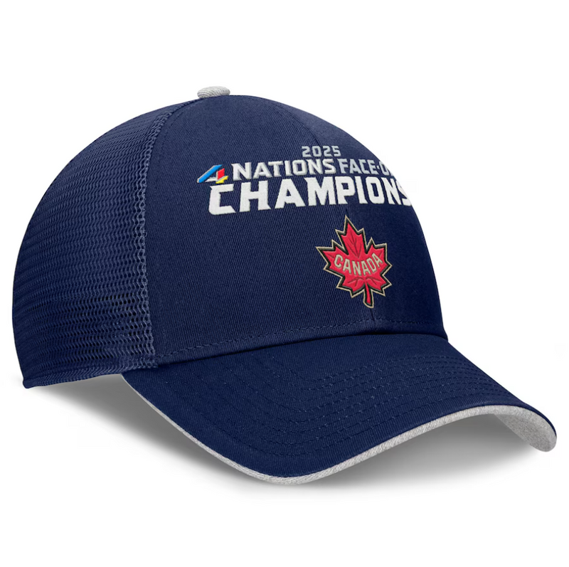 Load image into Gallery viewer, Men&#39;s Canada Fanatics Navy 2025 4 Nations Face-Off Champions Locker Room Adjustable Hat
