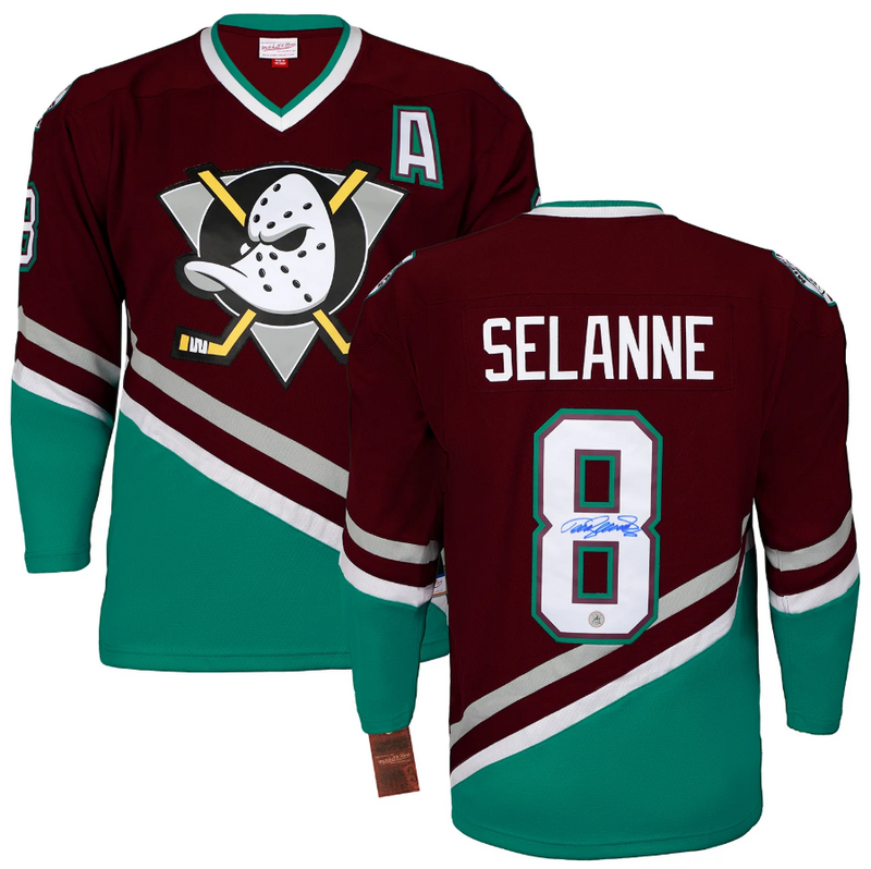 Load image into Gallery viewer, Teemu Selanne Signed Anaheim Mighty Ducks Throwback Mitchell &amp; Ness Jersey
