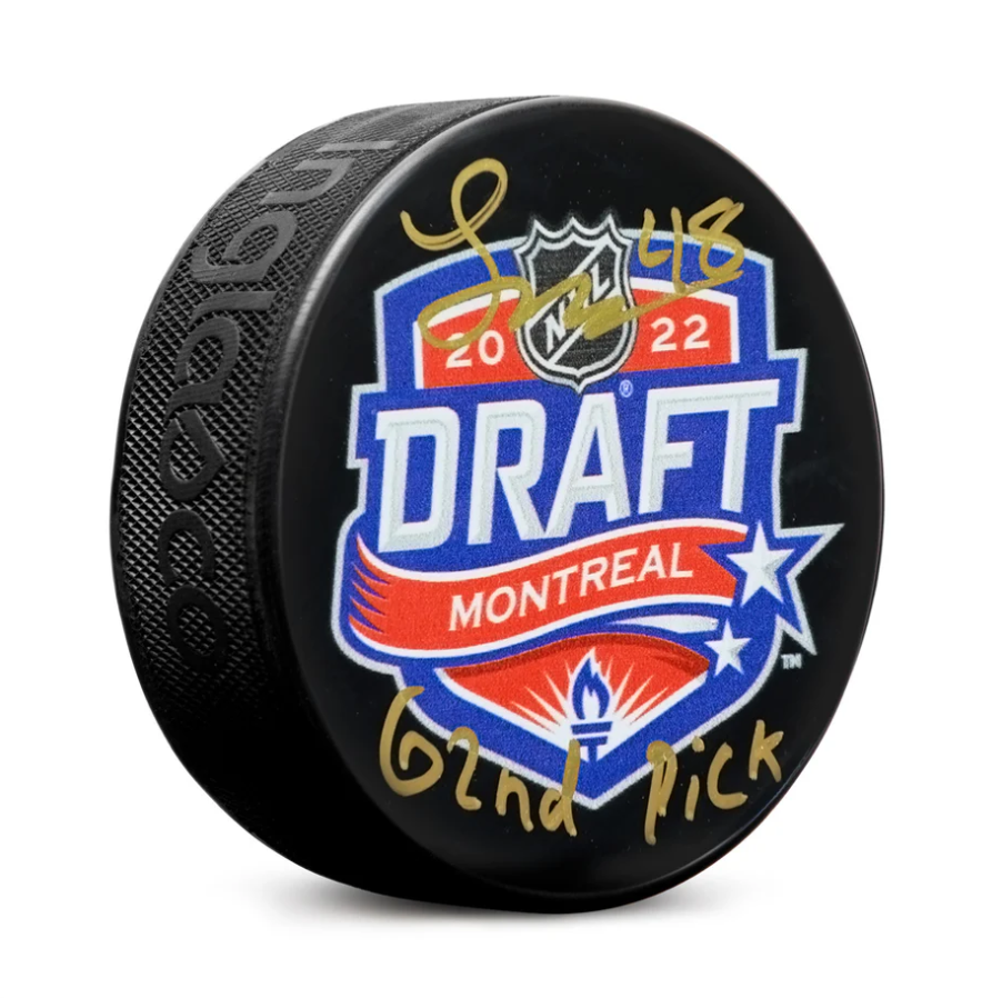 Lane Hutson Signed 2022 NHL Entry Draft Puck with 62nd Pick Note