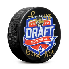 Lane Hutson Signed 2022 NHL Entry Draft Puck with 62nd Pick Note