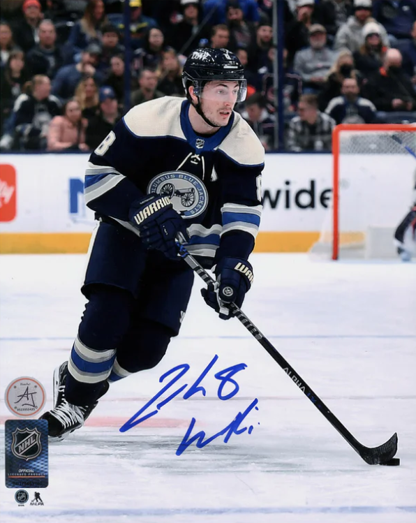 Zach Werenski Autographed Columbus Blue Jackets Puck Rush 8x10 Photo