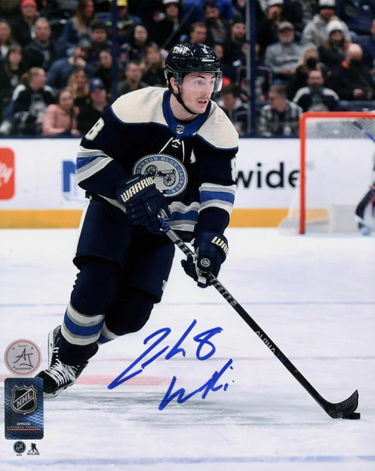 Zach Werenski Autographed Columbus Blue Jackets Puck Rush 8x10 Photo